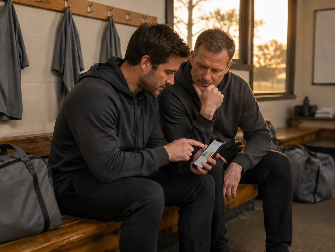 Two coaches on a change room bench looking at a stats chart on a phone