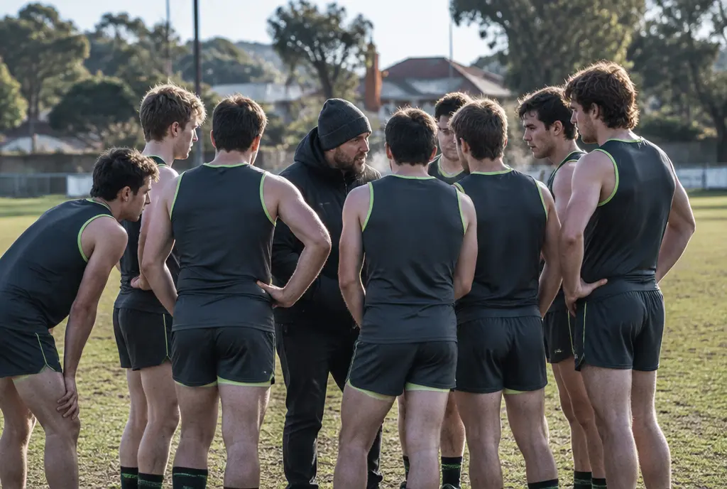 A local footy team in plain charcoal jumpers huddled around their coach at quarter time